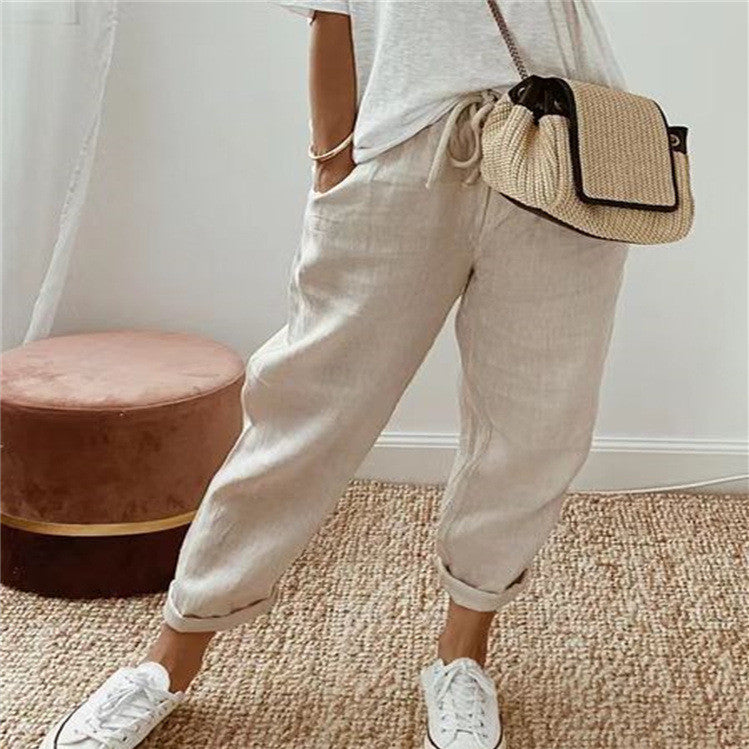 Pantalon décontracté en coton et lin pour femme
