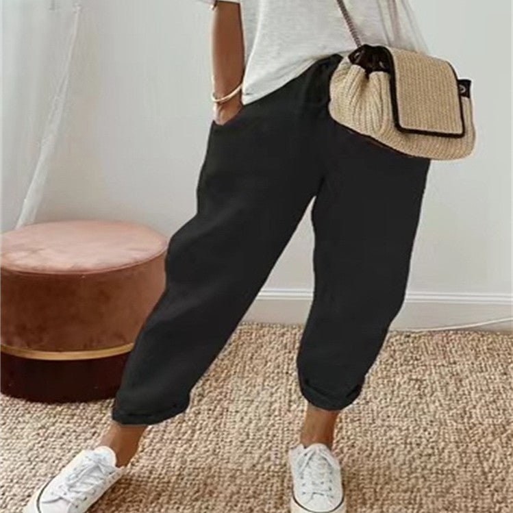 Pantalon décontracté en coton et lin pour femme