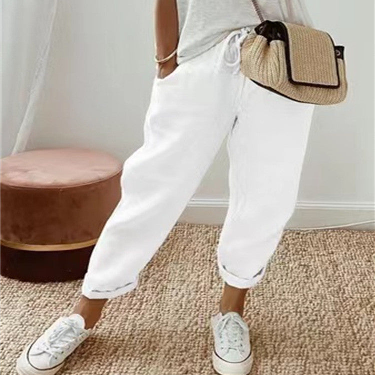 Pantalon décontracté en coton et lin pour femme